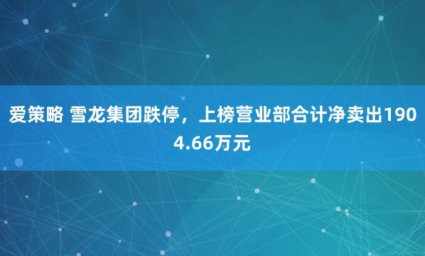 爱策略 雪龙集团跌停，上榜营业部合计净卖出1904.66万元